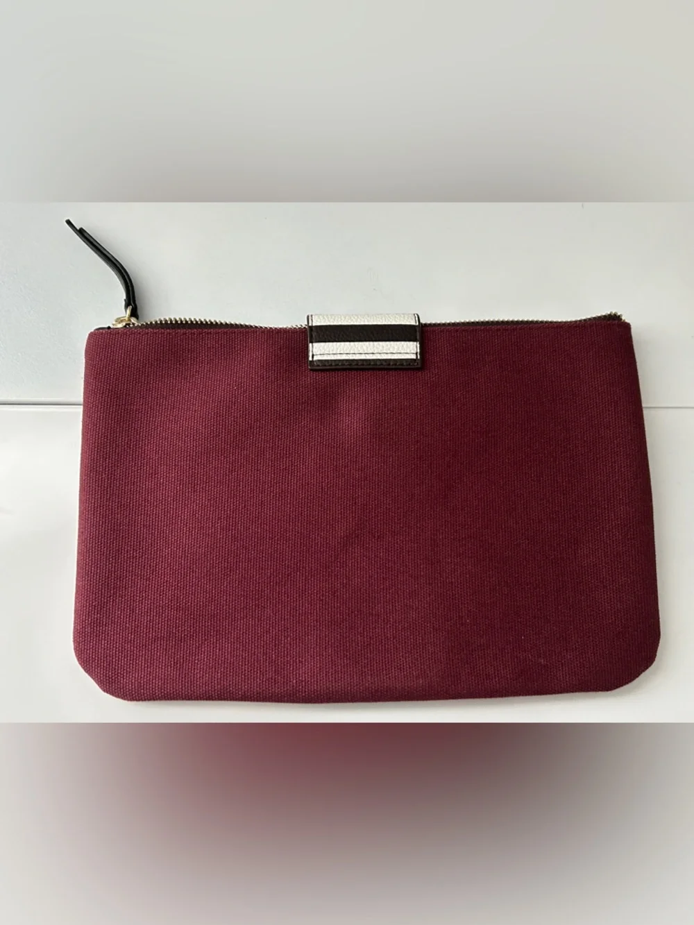 Henri Bendel Iconic Maroon Canvas Cosmetic Bag Zip Clutch Stripe Makeup Pouch